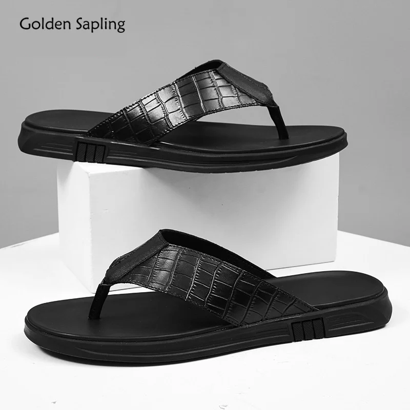 

Golden Sapling Classics Flip Flops Fashion Men's Slippers Genuine Leather Casual Shoes Men Breathable Summer Beach Leisure Flats