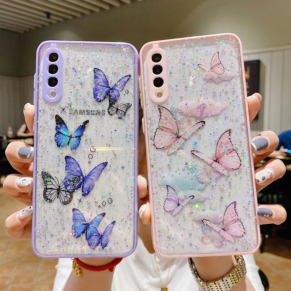 

Gorgeous Clear Glitter Butterfly Soft Shockproof Phone Case For Samsung A72 A42 A52 A71 A51 A50 A32 5G A31 S20FE S21 Ultra Cover
