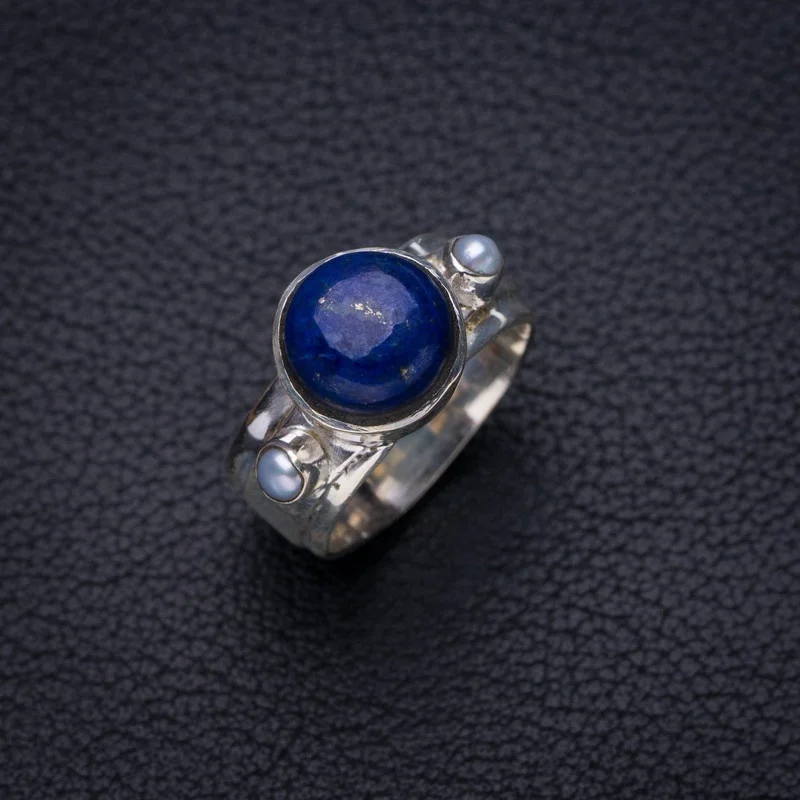 

StarGems Natural Lapis Lazuli River Pearl Wide Band Handmade 925 Sterling Silver Ring 5.75 E8609