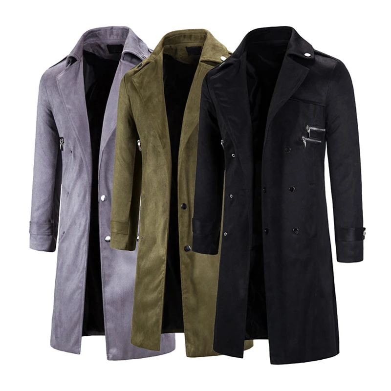 

Coats for Men New Solid Color Lapel Long Men's Coat Slim Zipper Pocket Belt for Male Fashion Coat Clothing
