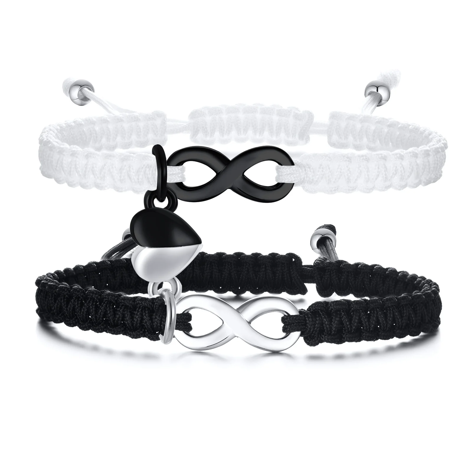 

Attractive Heart Charm Couple Bracelets for Women Men, White Black Braided Rope Chain with Infinity Charm BFF Sisters Bracelet