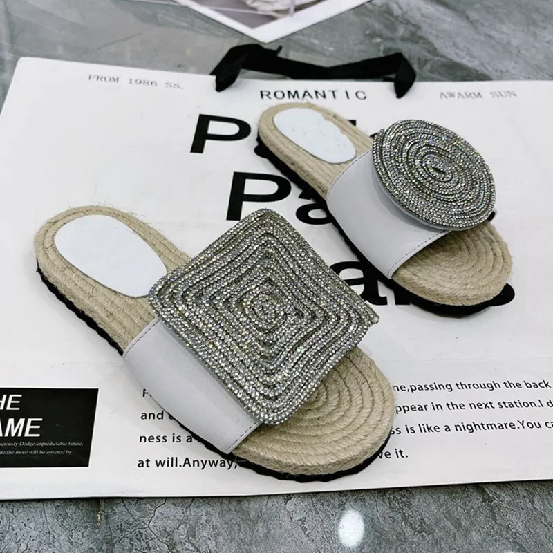2023 Summer Flats Sandals Square Round Crystal Decoration Slippers Women Slip on Deep Toe Mules Brand Casual Party Shoes Mujer