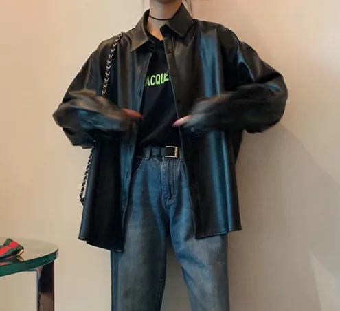 Harajuku Loose Design Pu Leather Coat Women's Lapel Medium Long Sleeved Leather Coat  Office Lady Cool Girl Blouse Jacket