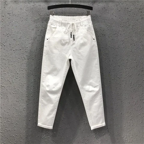 White Jeans Female Fashion Women Casual Pants Trousers Spring Summer Korean Version Slim Elastic Waist Wash Denim Harem Pants