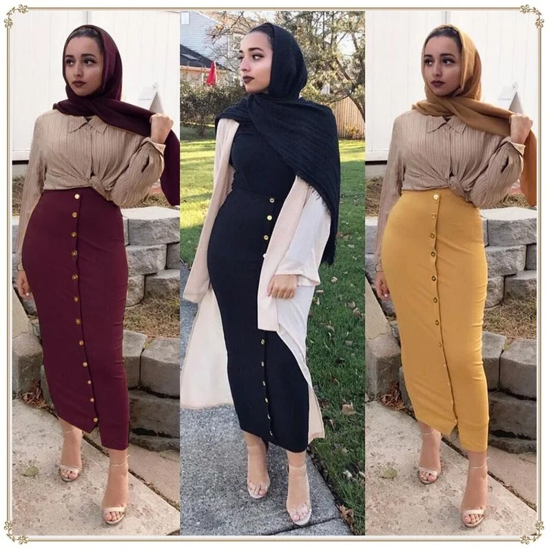 Long wrap buttock Dubai Turkey modest muslim skirt muslimah outfit to office fashion femme musulmane islamic clothing for women