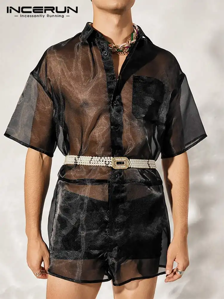 

Мужские комбинезоны, сетчатые прозрачные сексуальные комбинезоны с отложным воротником и короткими рукавами, 2022, уличная одежда, праздничн...