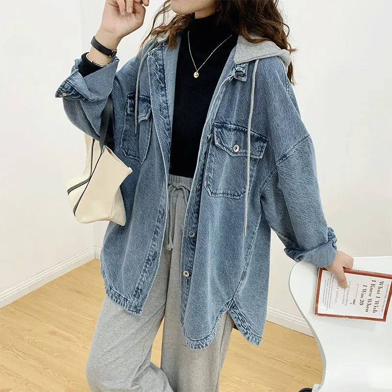 

Women Jackets New Autumn Outerwear Denim Coat Female Solid Turn Down Collar Cotton Jacket Ladies Hooded Denim Cowboy Coat G40