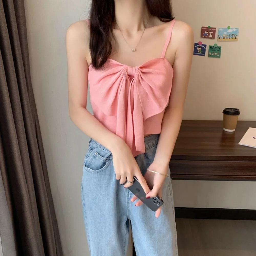 

Streetwear Party Lovely V-Neck Backless Cute Sweet Bow Tanks Women Camisoles Shoulder Strap Sleeveless Crop Tops
