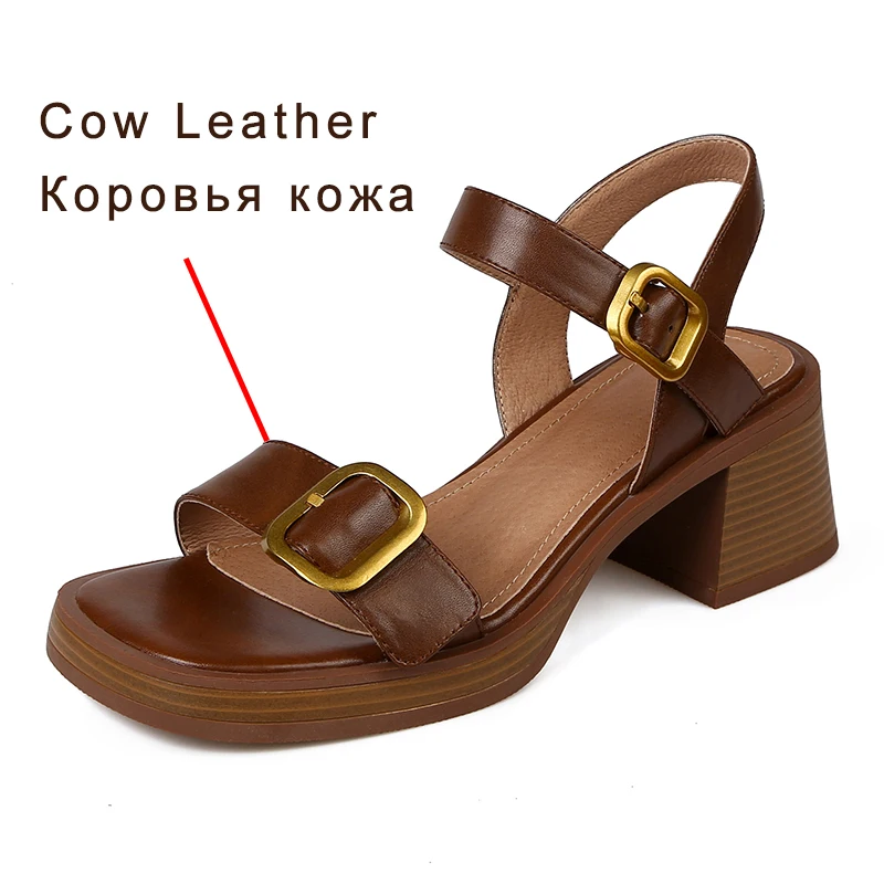 Brand Genuine Cow Leather Sandals Block Mid Heels Women Roma Sandals Square Toe Retro Buckle Sandals Ankle Strap 2023 Trend