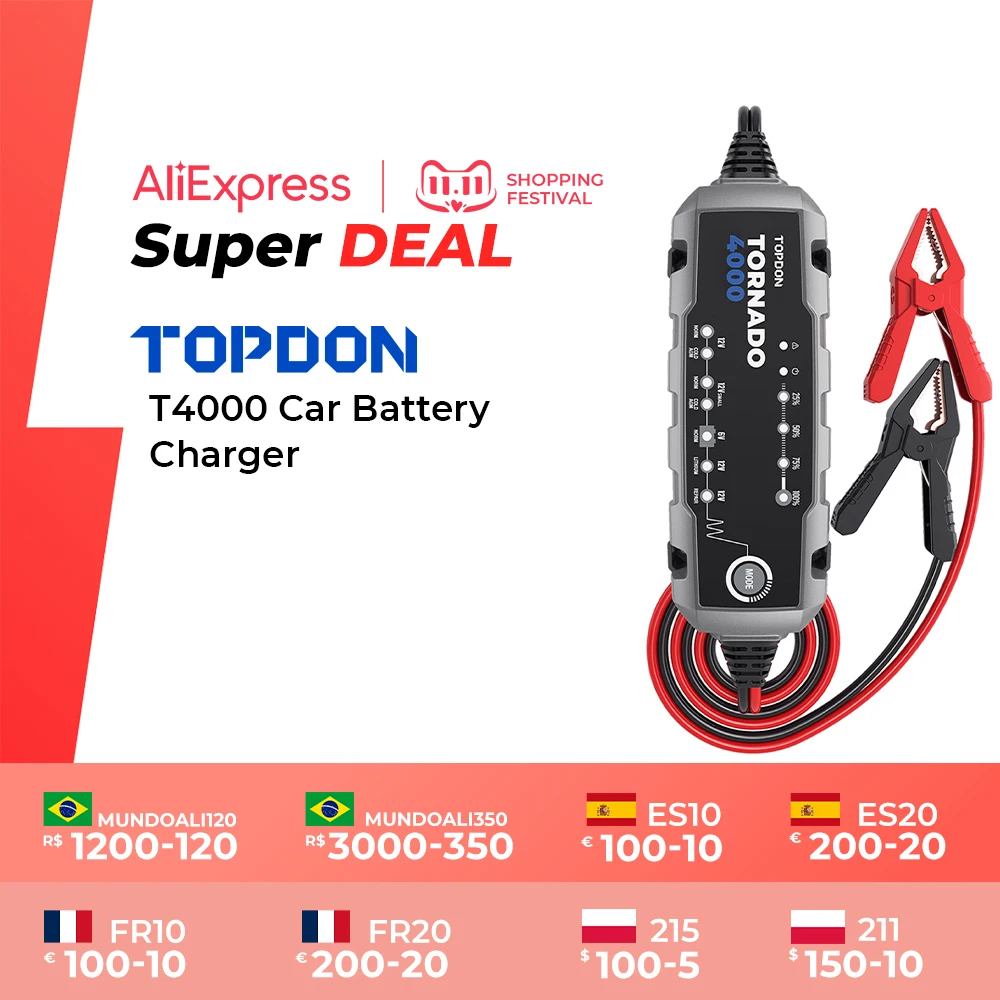 

6V/12V Car Battery Charger For Acid Lithium Battery Topdon T4000 Power Repair Automatic Jump Starter 20Ah -150Ah Battery Charger
