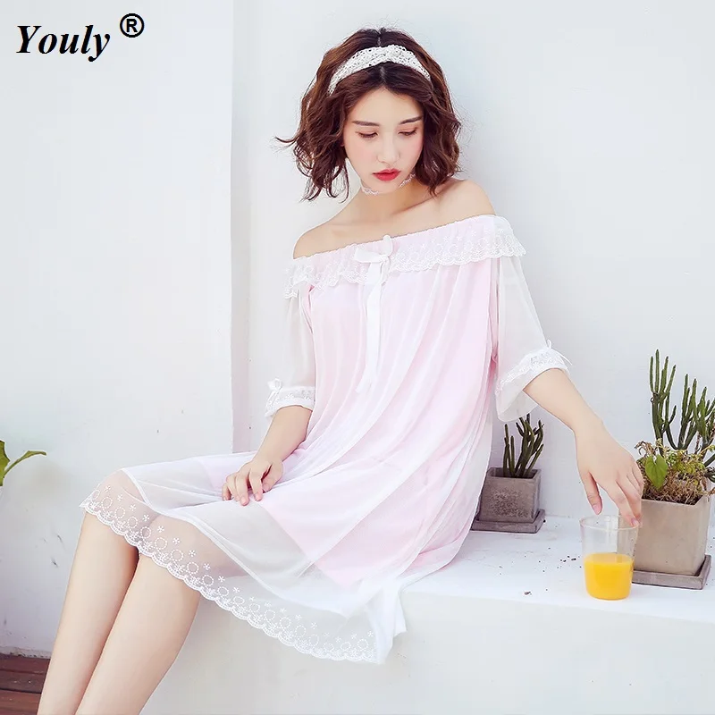 Nightgowns Sleepshirts 2021 Cute Lace Sleep Lounge Nightdress Sexy Nightgown Female Palace Wear Solid Sleepwear Lace Home Dress