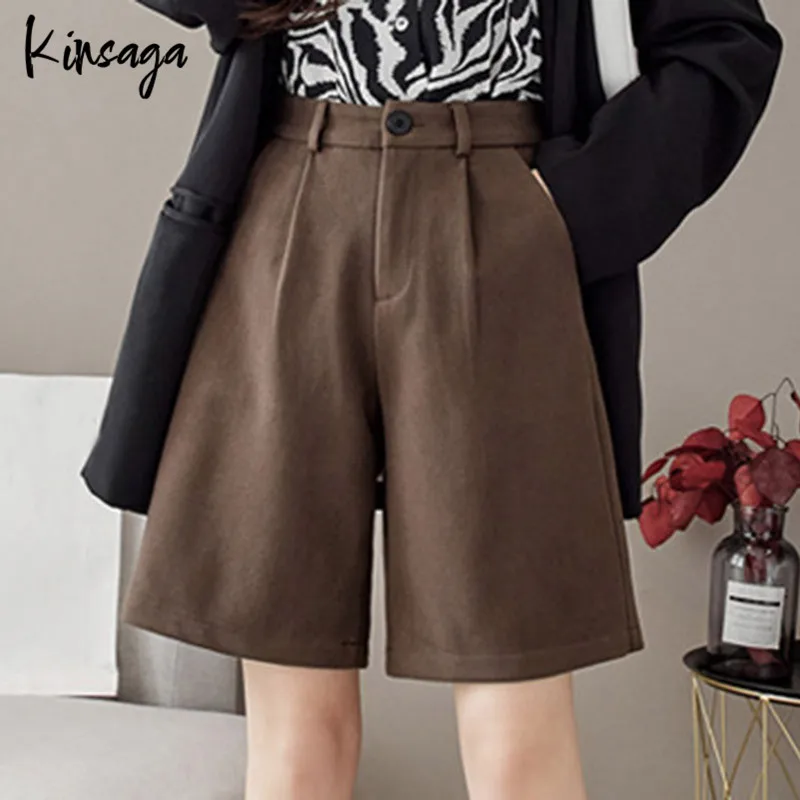 

Aesthetic Wool Suit Shorts Women Chic Simple High Waist Wide Leg Office Lady Five Point Pants Female Woolen Knee Length Trousers