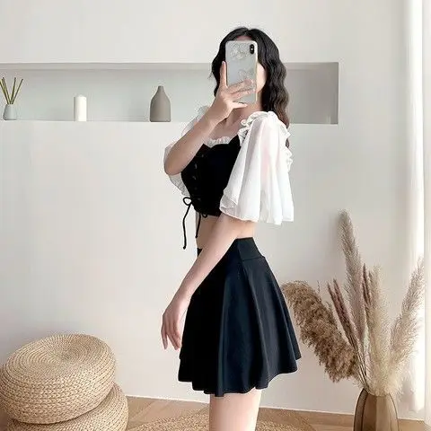 2023 New Korean One Piece Swimwear Women Swimming Female Bathing Suit Beachwear Solid Black Swimsuit Summer Swimskirt