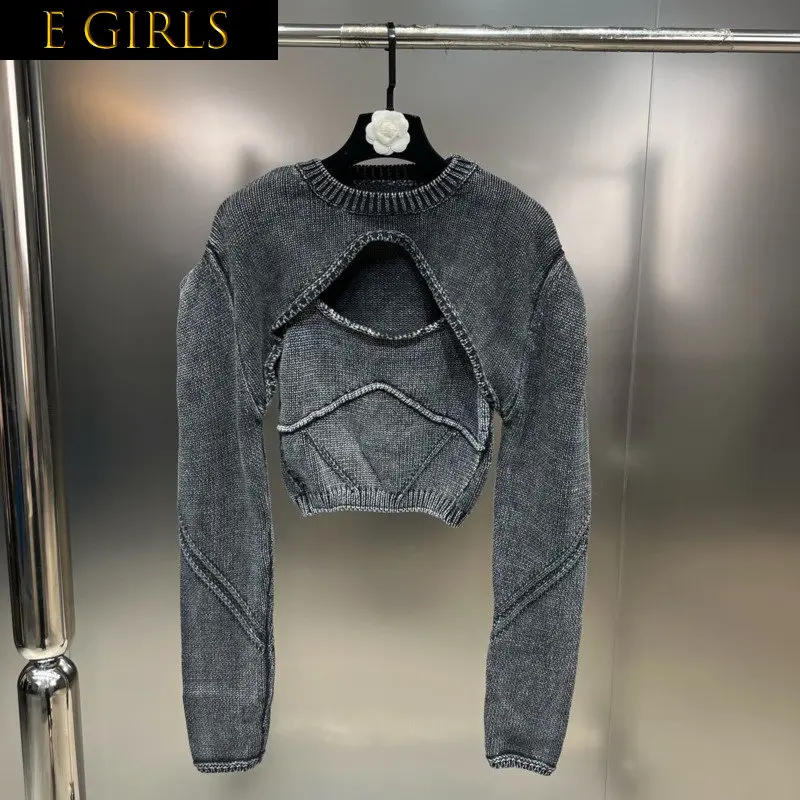 

E GIRLS 2022 Autumn New Arrivals Long Sleeve Faux Denim Color Shawl Pullover Sweater Knitted Tank Top Two Piece Set GG793