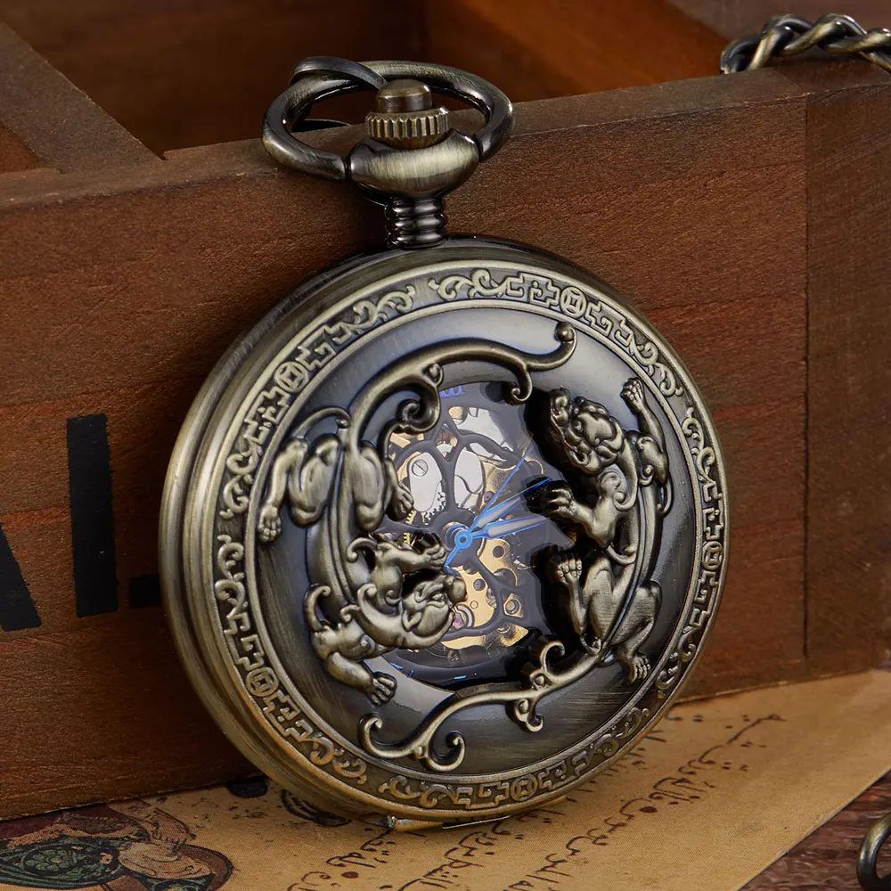 Vintage Steampunk Skeleton Mechanical Blue Roman Numbles Pocket Watch Men Women Necklace Pocket Fob Watches Chain Clock For Male