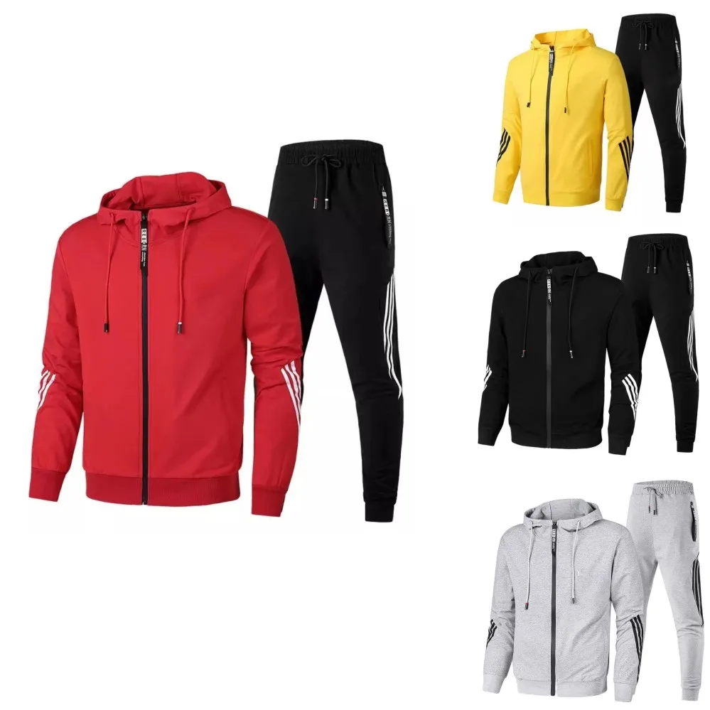 

2022 Men's Fall/Winter Sports Hoodie + Trousers 2 Piece Casual Zip Cardigan Tracksuit Spliced Multi-pocket Drawstring Trousers