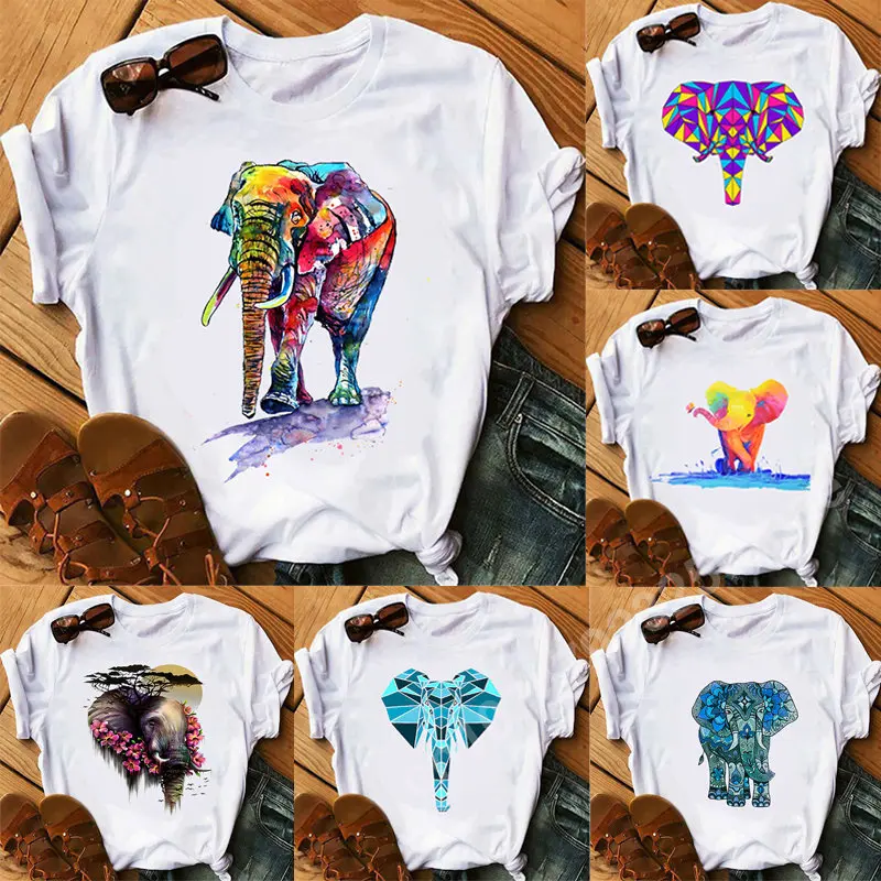 

Fashion Art Color Elephant T-shirts Print Ladies Tops Casual Basics O-collar White Shirt Short Sleeve Women Clothing Summer Tees