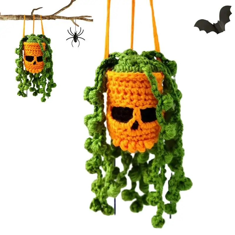 

Halloween Spooky Crochet Halloween Crochet Car Pendant Spooky Ornament Skull Basket Car Mirror Ornament For Home Decor Goth Auto