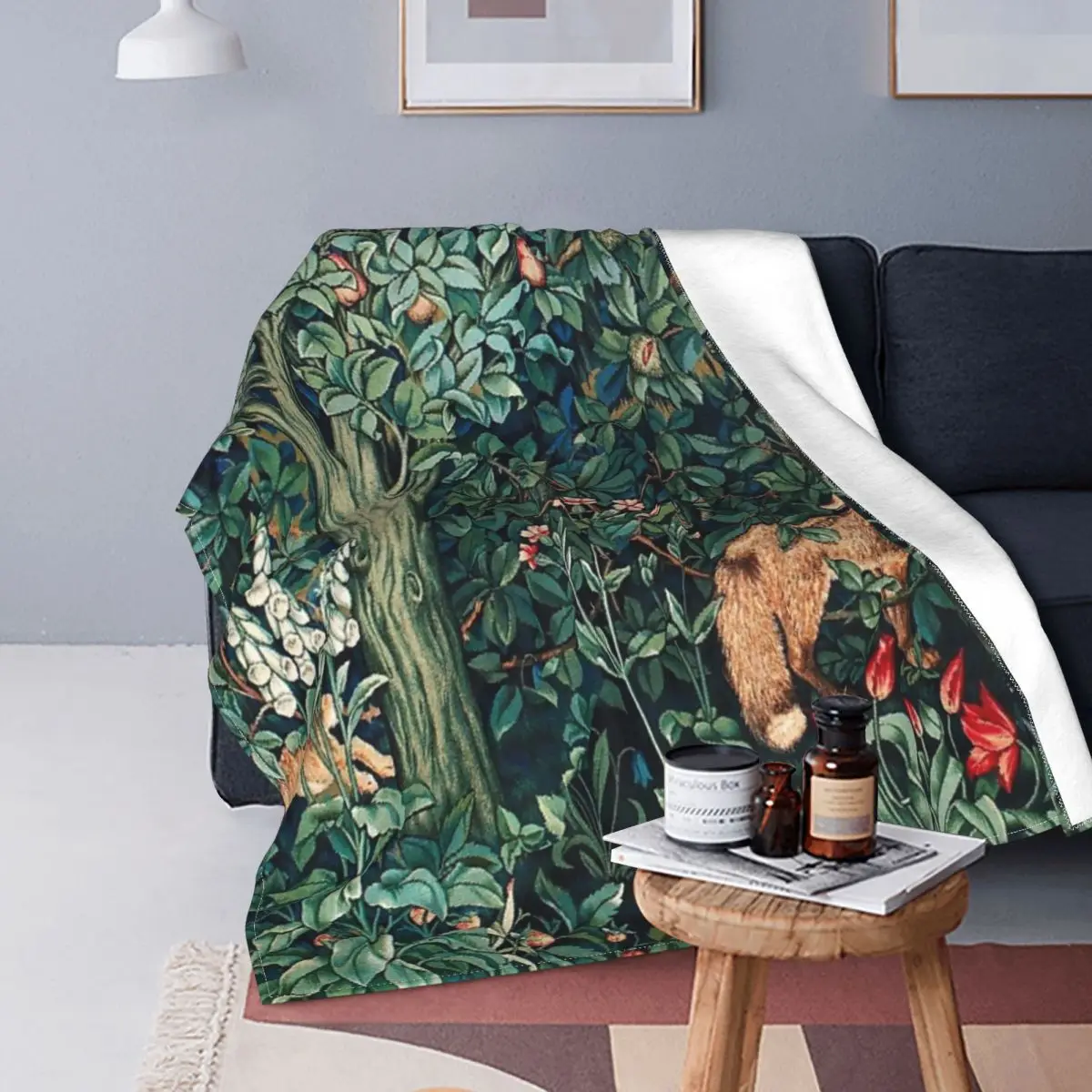 

GREENERY, FOREST ANIMALS Fox And Hares Blue Green Floral Tapestry Blankets Flannel Throw Blankets Sofa Blanket Throws Quilt