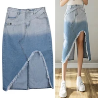 women denim skirt fashion gradient color high waist asymmetrical a line jeans skirts tassels split midi skirt casual streetwear