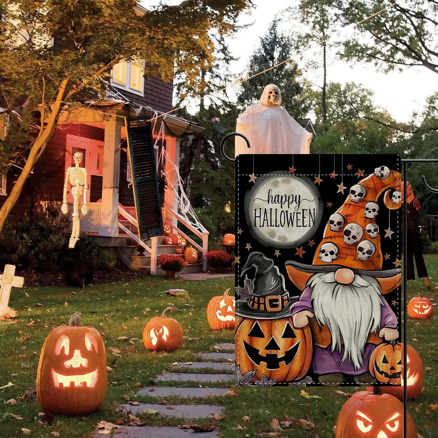 Декоративный садовый флаг Dyrenson Happy Halloween Gnome, забавный флаг с тыквой-фонарем и черепом для украшения двора и дома, Moon UUN (art.: 3920dbd729136) - 3920dbd729136
