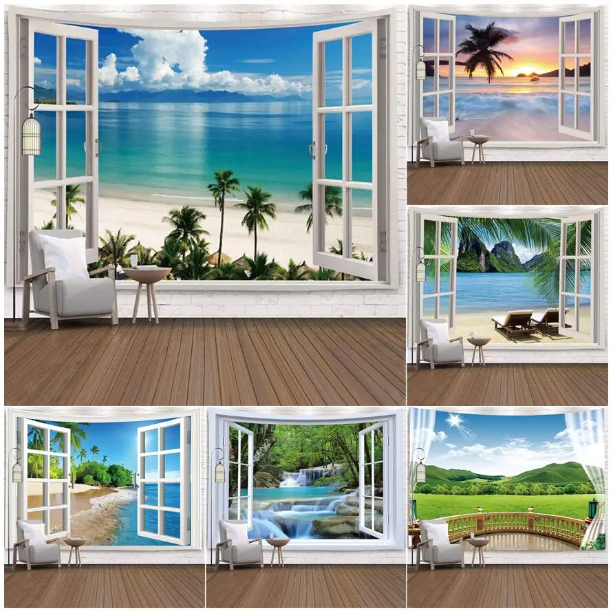

Imitation Window Landscape Tapestry Tropical Palm Trees Ocean Beach Waterfall Nature Scenery Wall Hanging Home Living Room Decor