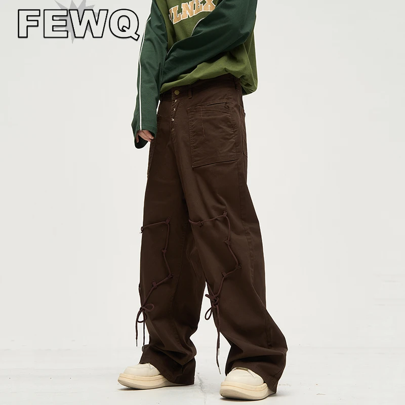 

FEWQ Spliced String Cargo Pants Men's Y2k Overalls Niche Design Male Trousers Solid Color Vintage High Street Summer New 24B2434