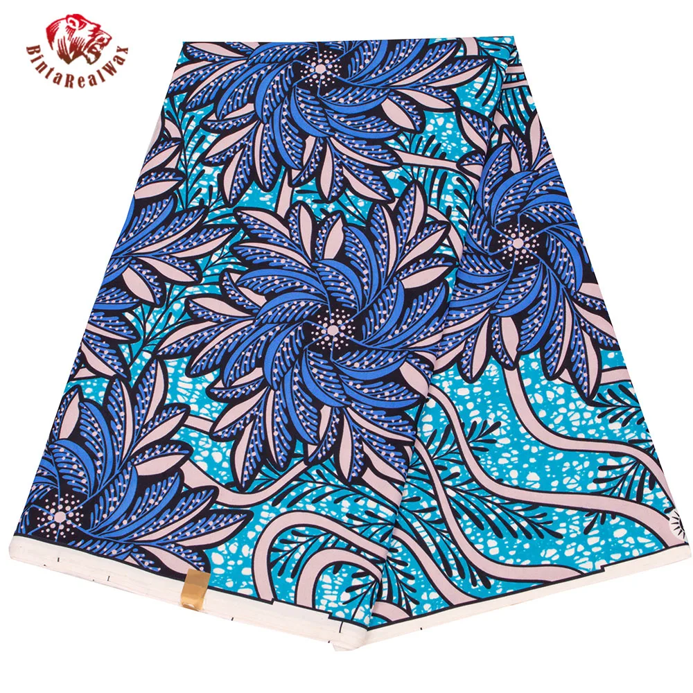 BintaRealWax Ankara Prints Wax Fabric Blue Flowes Pattern Polyester Tissu Sewing Garment Material Wedding Dress FP6476
