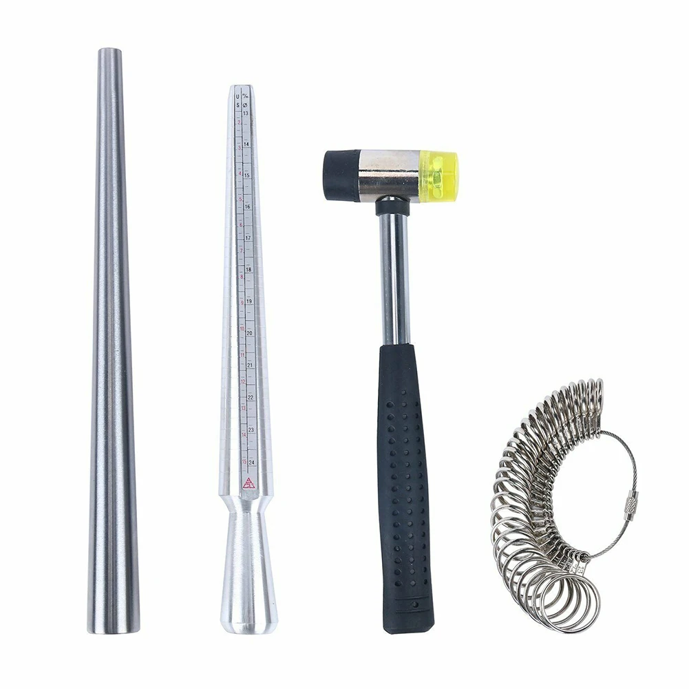 

4pcs Jewelry Making Tools Kit Handle Rubber Hammer Ring Sizer Finger Measuring Stick For DIY Jewelry Making Measuring Tools