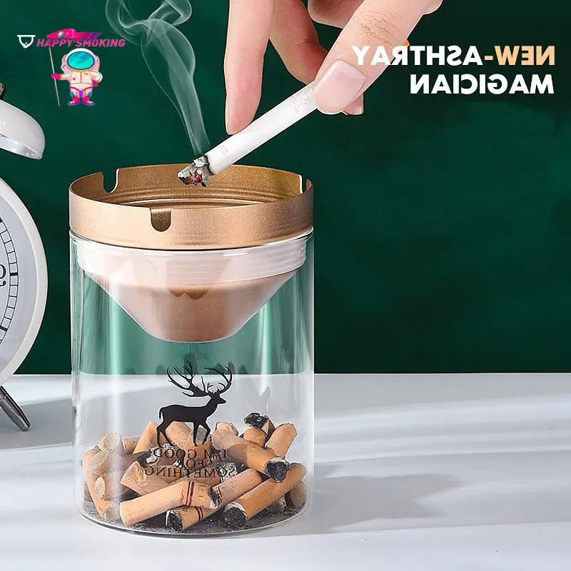 

HAPPY SMOKING Transparent Smokeless Ashtray with Cover Stainless Steel Windproof and Dustproof Ash Tray Home Desk Accessories