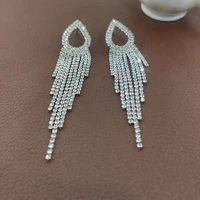 new long fringe full rhinestone drop earrings for women shining crystal water drop flower bridal earrings party jewelry gifts