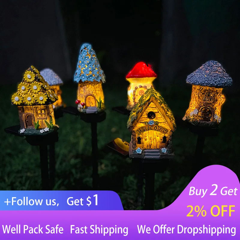 

LED Solar Lawn Light Multi Craft Miniature Fairy House Solar Powered Outdoor Decor LED Garden Light Resin Cottage Christmas Lamp