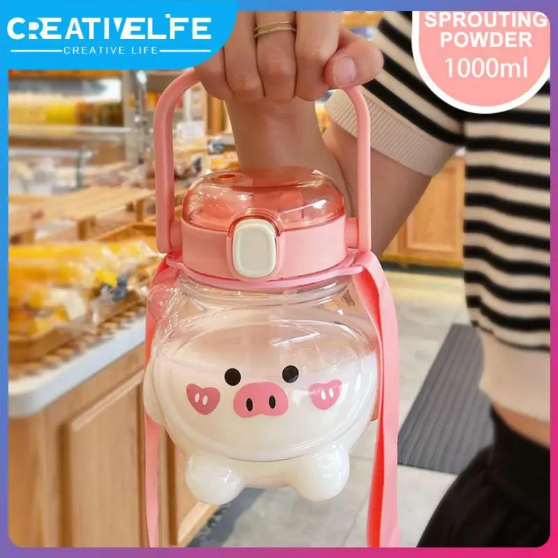 

Cartoon Water Cup Candy-colored Large-capacity Straw Cute Children Bear Double Drink Summer Fat Pier Strap Portable Plastic Cup