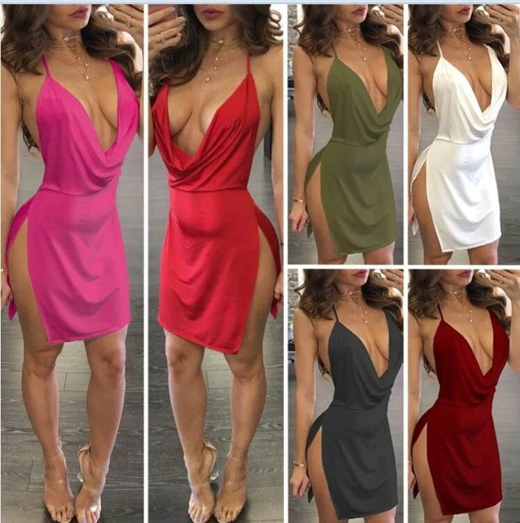

Summer Solid Color Backless Halter Dress Side Open Deep V-neck Sexy Dress Women Temperament Sleeveless Mini Dress