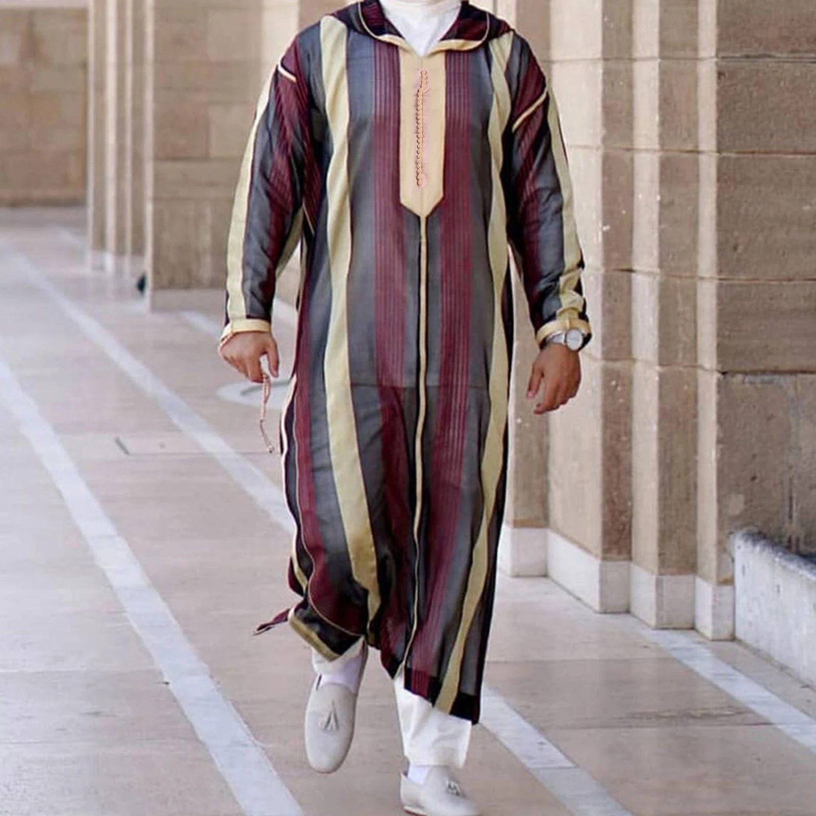 

H9ED Muslim Dresses for Mens Long Sleeve Stripes Dubai Shirt Kaftan Thobe Robe Gown Straight Leisure Race Style Clothing