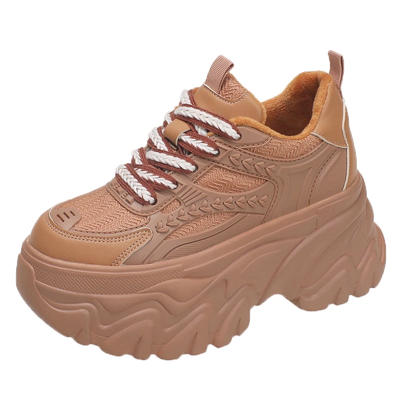 

Женские зимние кожаные кроссовки на платформе, теплая обувь из хлопка и меха, теннисная обувь на танкетке 7 см, на шнуровке, массивная плюшевая обувь для папы, женская обувь