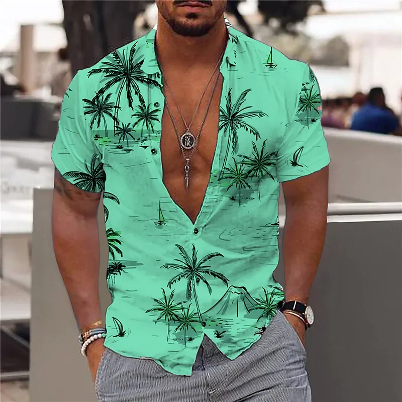 2022 Cotton Summer Shirts Men's Hawaiian Shirt Casual Fashion Street Short Sleeves Coconut Tree Beach Vacation Party Men's Shirt