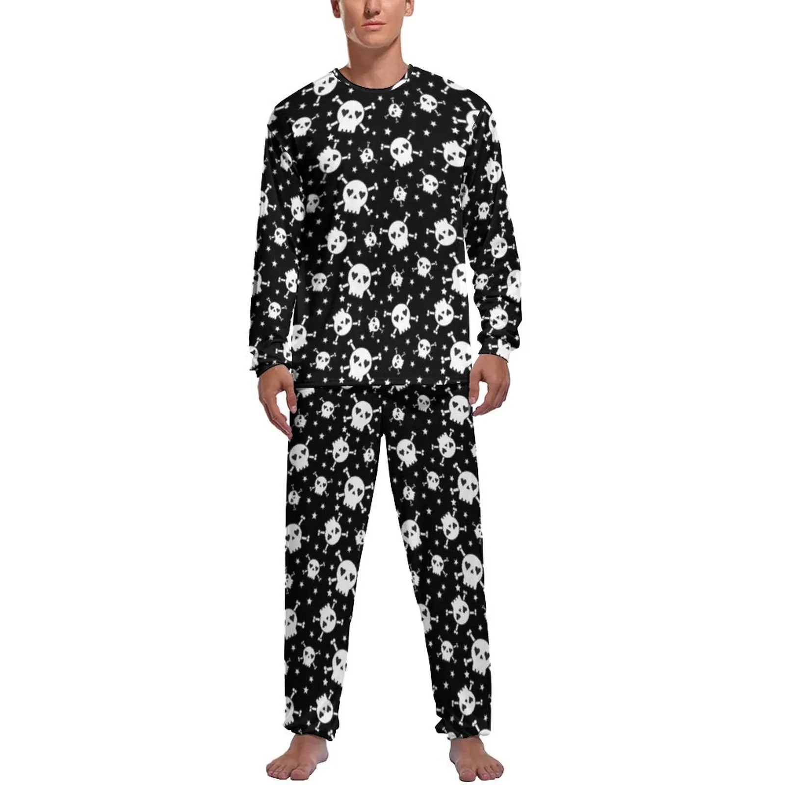 Cute Skull Print Pajamas Spring Crossbones Home Home Suit Man Two Piece Printed Long Sleeve Retro Pajama Sets