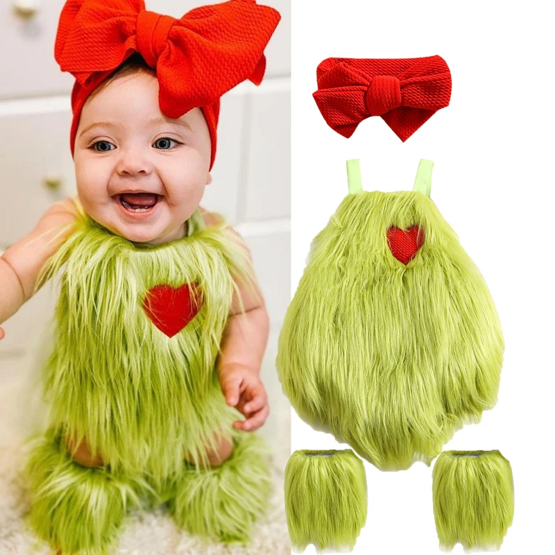 

Baby Suit Set Heart Applique Halter Neck Halloween Fur Sleeveless Romper+ Solid Color Bowknot Headband+ Leg Warmer 0-24 Months