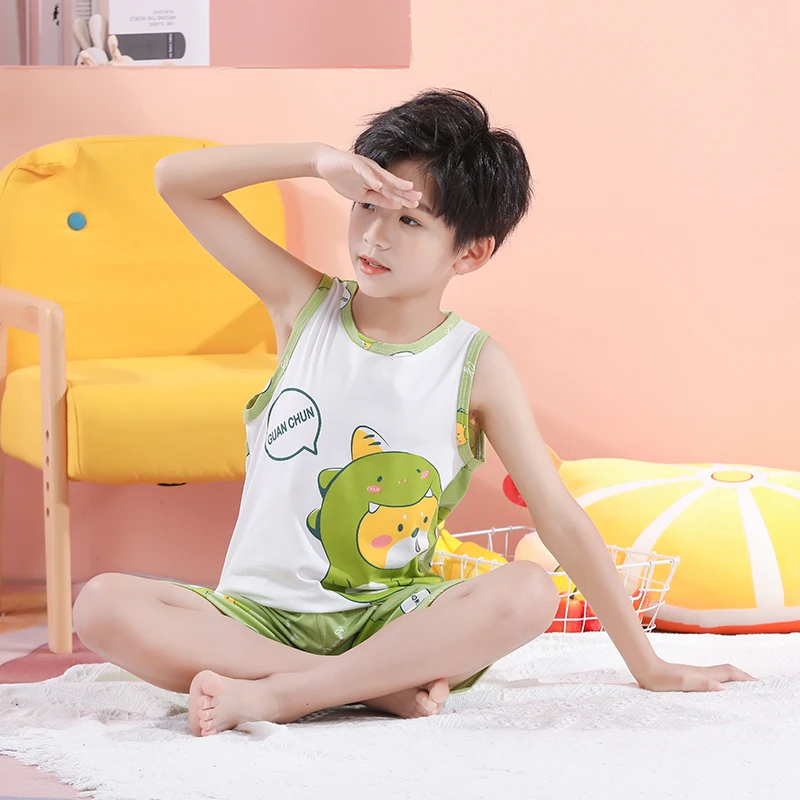 

Summer Children's Pajams Set for 3-14T Boys Casual Suit Sleeveless Vest Shirt+shorts Homewear Cartoon Cute Kids Lounge Clothing