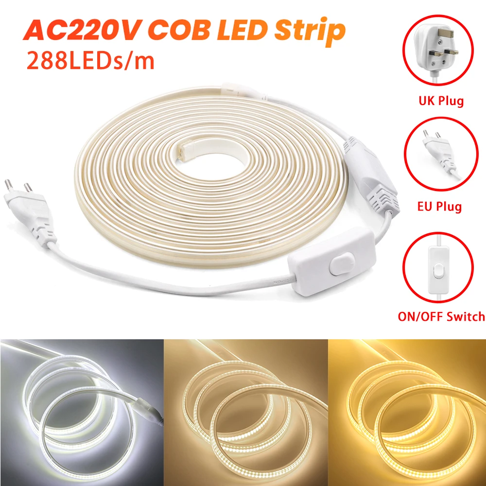 

220V COB LED Strip with Switch EU/UK Plug Flexible High Density Linear 288LEDs/m Waterproof LED Tape Flexible Outdoor Lamp