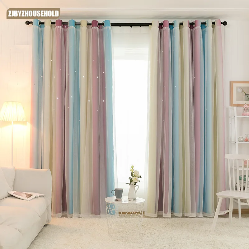 

Nordic Living Room Bedroom Curtain Color Strip Blackout Printing Ins Hollow Star Curtain Fabric with Yarn Window Backdrop Drapes
