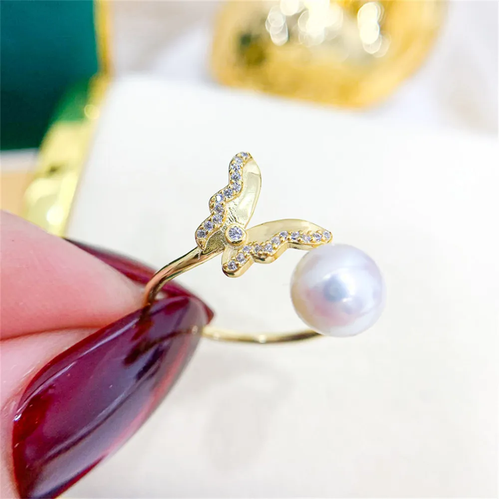 

Butterfly Gold Silver Ring Empty Set DIY Pearl Mini S925 Sterling Silver Jewelry Fit 7-9mm Beads