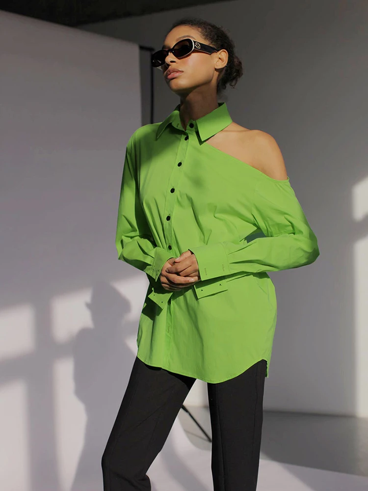 

KBAT 2022 Summer Green Shirts Women Sexy Shoulder Off Long Sleeve Solid Blouses Elegant Asymmetrical Single Breasted Top Woman