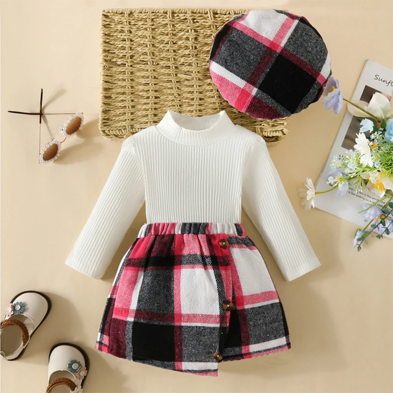 

Комплект из 3 предметов для маленьких девочек, футболка с длинным рукавом и высоким воротником и клетчатая юбка и шапка, осенний наряд