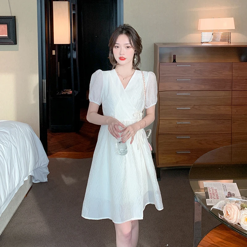 

COIGARSAM Summer Women's Dress 2021 2022 New French Style Vintage Short Sleeve White Black Dresses Dropshipping