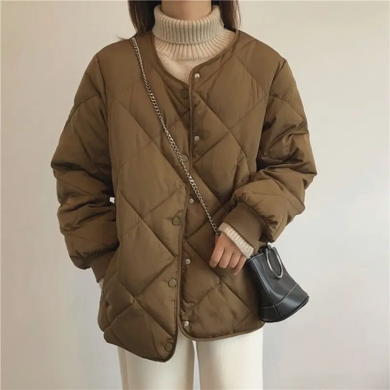 Korean Fashion Commuter Crewneck Cotton Parka Women's Short Parka's Diamond Lattice Brown  Collarless Jacket for Autumn  Winter