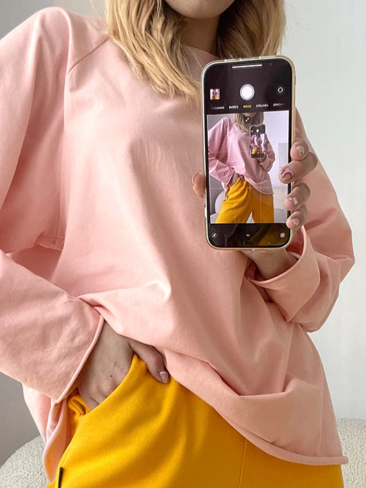 

Женская футболка оверсайз с длинным рукавом, однотонная Повседневная Базовая футболка розового цвета, Y2K, уличная одежда, осень 2022