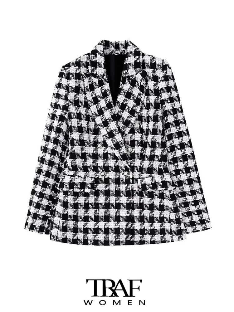 

TRAF Women Fashion Houndstooth Checkered Tweed Blazer Coat Vintage Long Sleeve Flap Pockets Female Outerwear Chic Veste