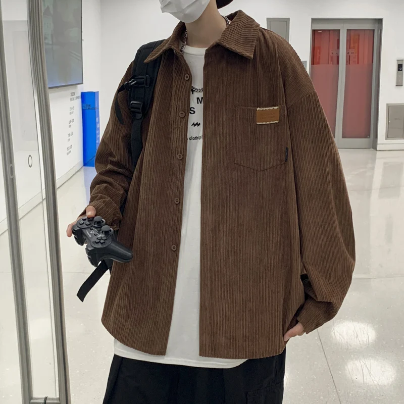 Korean Kpop Corduroy Coat Shirt Jacket For Men Grunge Clothes Punk Oversized Japanese Streetwear Unisex  Winter Casual Clothing